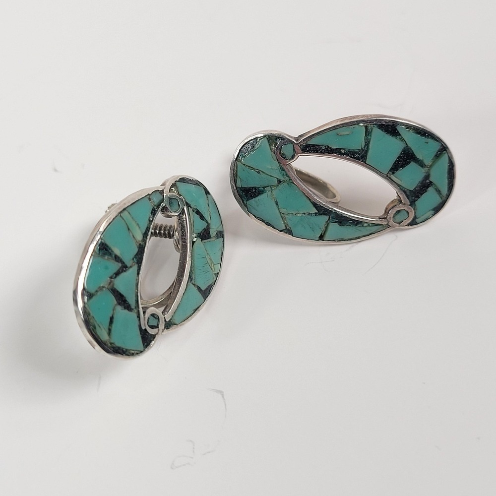 Vtg Taxco 925 Sterling Earrings Turquoise Mosaic Screw‎ Back Teardrop Signed LL